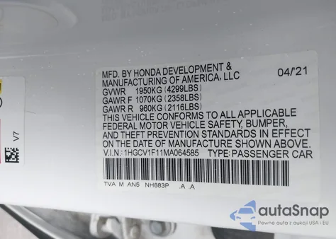 2021 Honda Accord Lx z USA, uszkodzony, nr VIN 1HGCV1F11MA064585